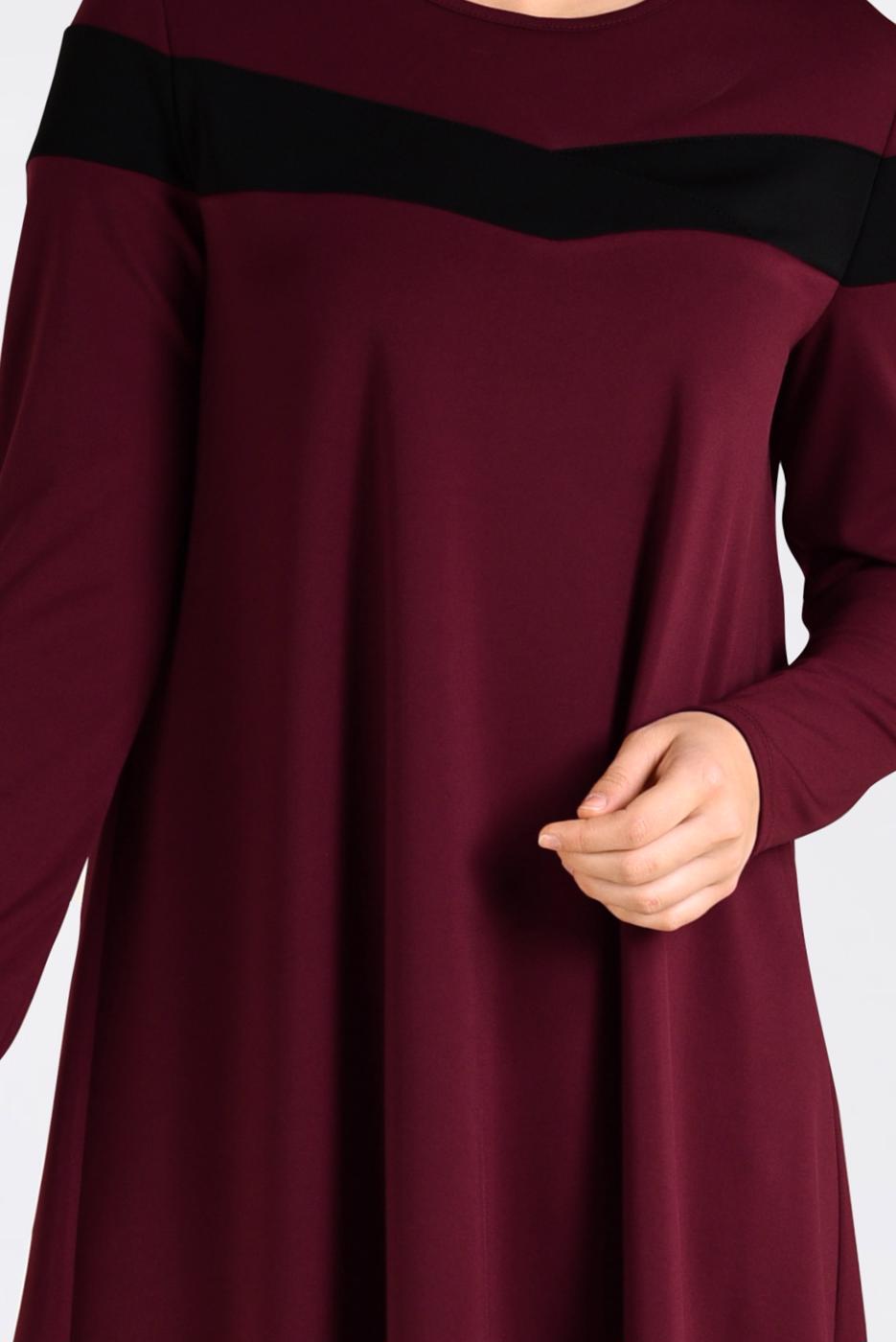 Tesettür giyim BORDO ŞERİT DETAYLI BİSİKLET YAKA TUNİK 4778 