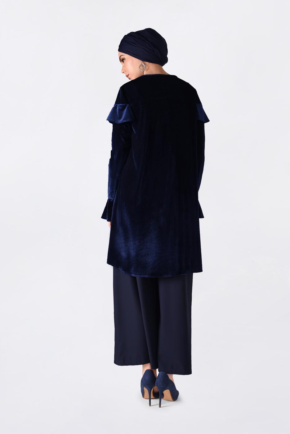 Tesettür giyim LACİVERT OMUZLARI VOLANLI KADİFE TUNİK 4789