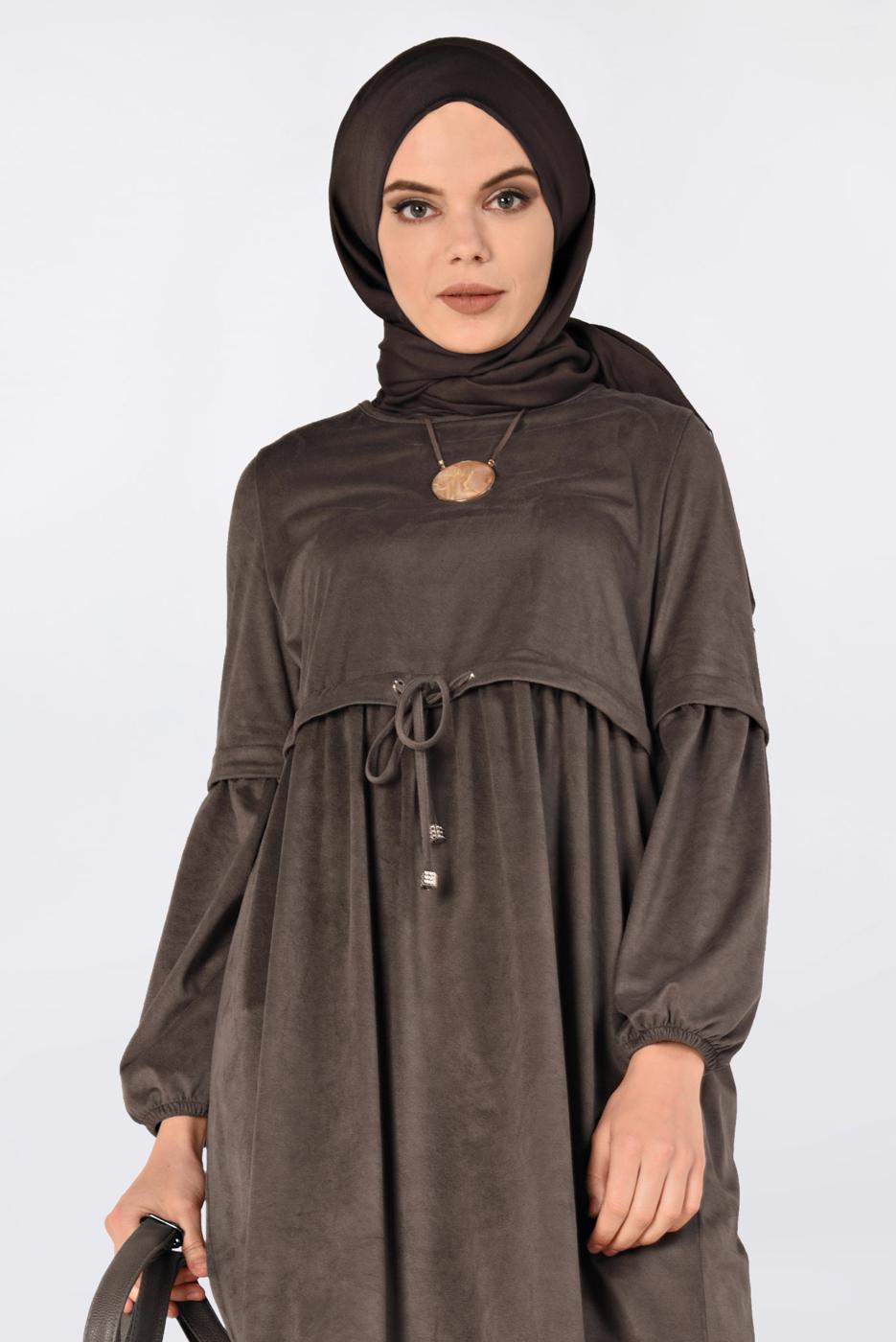 Tesettür giyim KAHVE BELİ BÜZGÜLÜ NUBUK TUNİK 4791