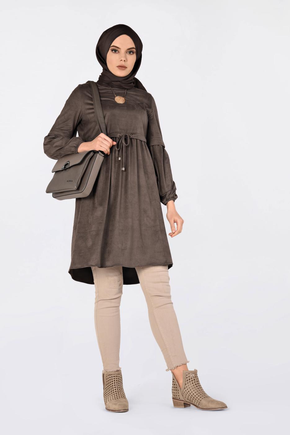 Tesettür giyim KAHVE BELİ BÜZGÜLÜ NUBUK TUNİK 4791