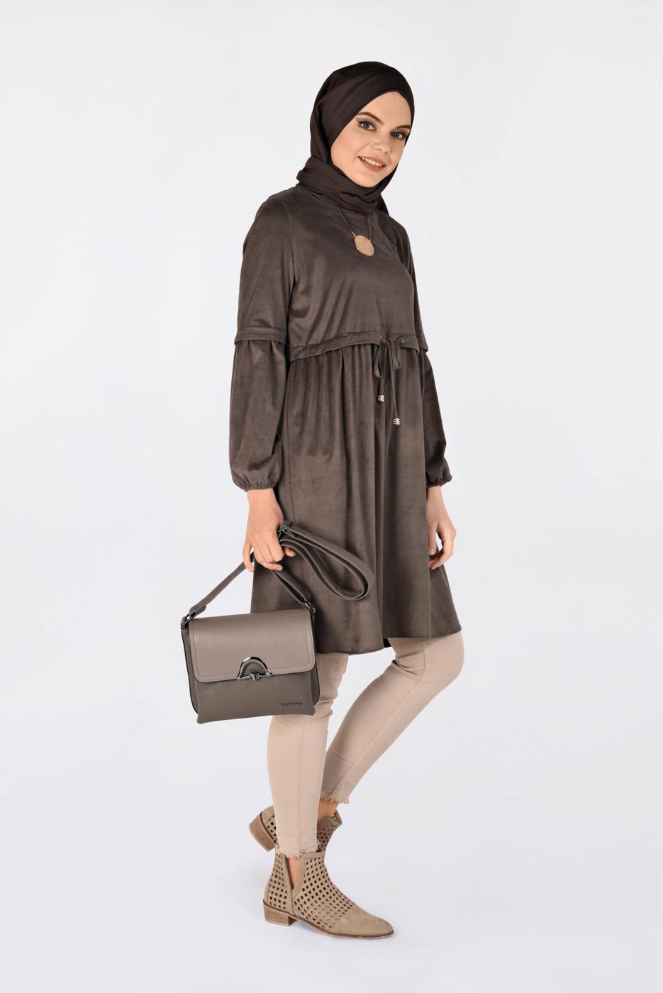 Tesettür giyim KAHVE BELİ BÜZGÜLÜ NUBUK TUNİK 4791