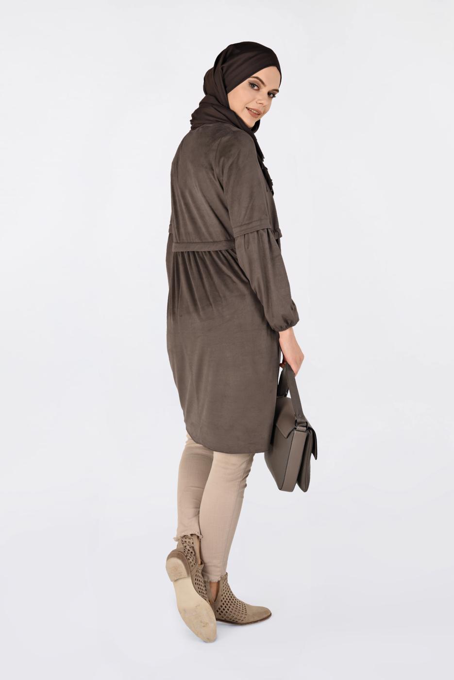 Tesettür giyim KAHVE BELİ BÜZGÜLÜ NUBUK TUNİK 4791