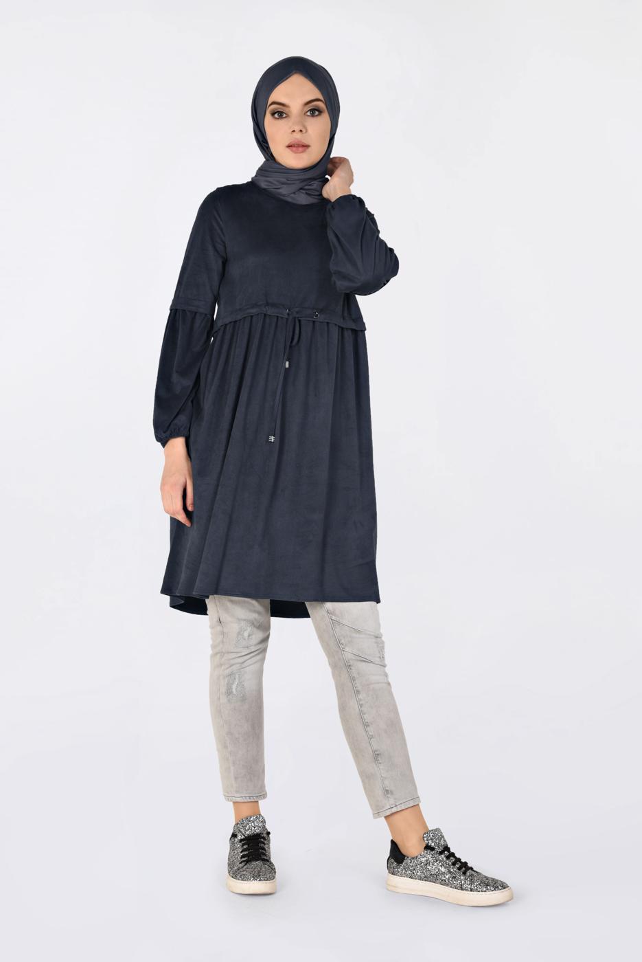 Tesettür giyim LACİVERT BELİ BÜZGÜLÜ NUBUK TUNİK 4791