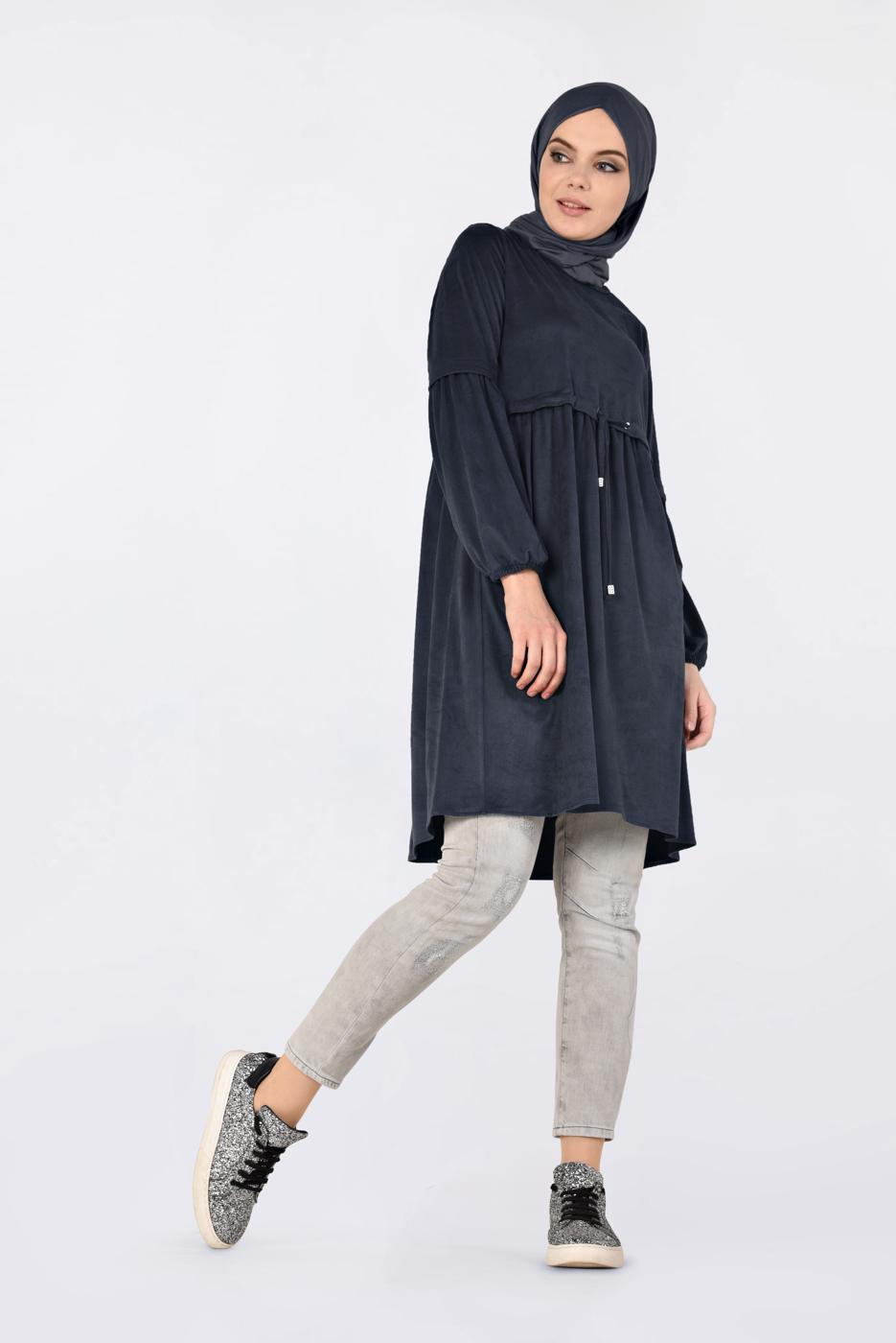Tesettür giyim LACİVERT BELİ BÜZGÜLÜ NUBUK TUNİK 4791
