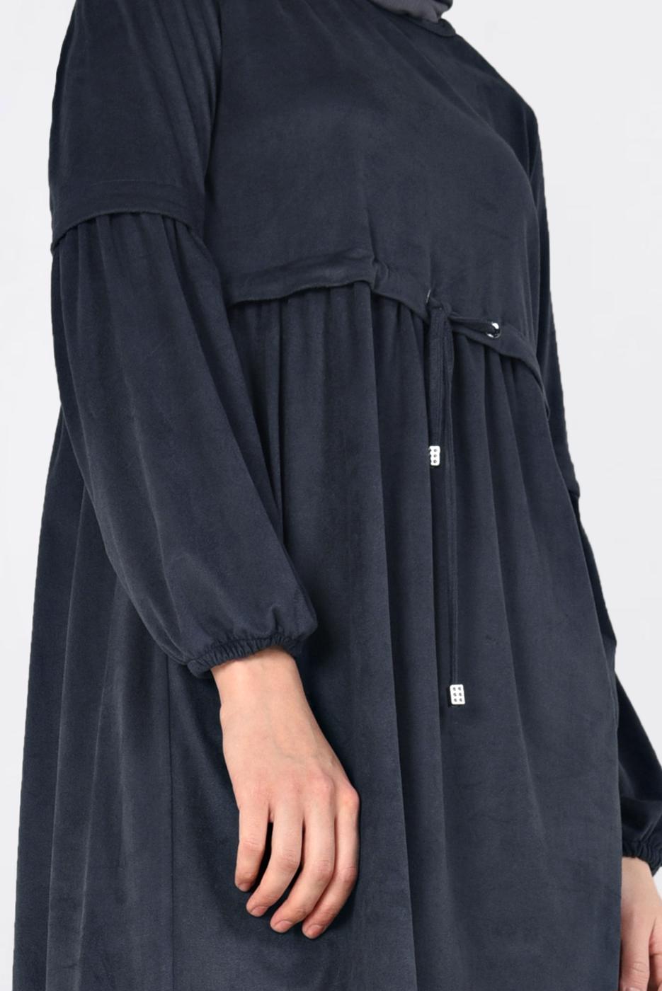 Tesettür giyim LACİVERT BELİ BÜZGÜLÜ NUBUK TUNİK 4791