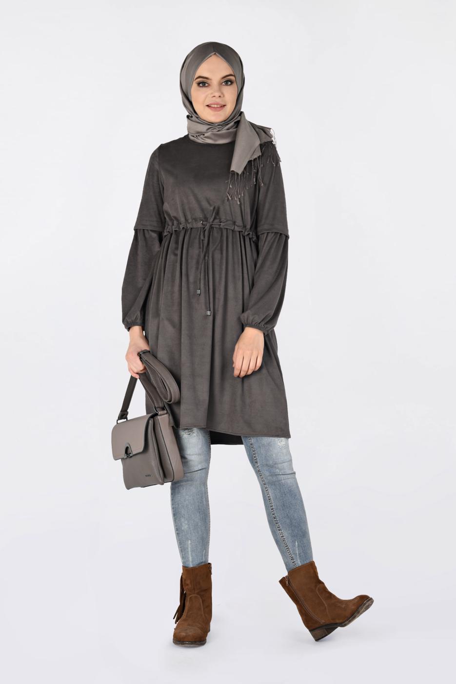 Tesettür giyim VİZON BELİ BÜZGÜLÜ NUBUK TUNİK 4791