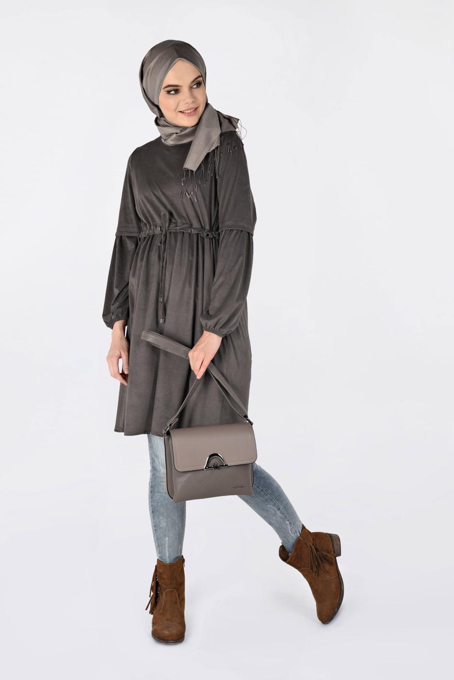 Tesettür giyim VİZON BELİ BÜZGÜLÜ NUBUK TUNİK 4791