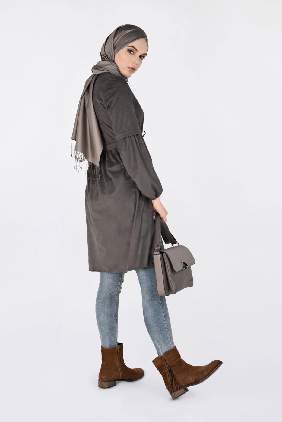 Tesettür giyim VİZON BELİ BÜZGÜLÜ NUBUK TUNİK 4791