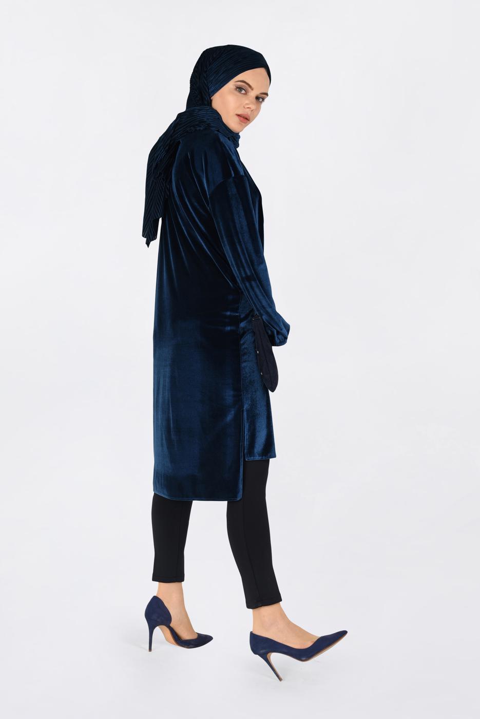 Tesettür giyim LACİVERT NAKIŞLI KADİFE TUNİK 4794 