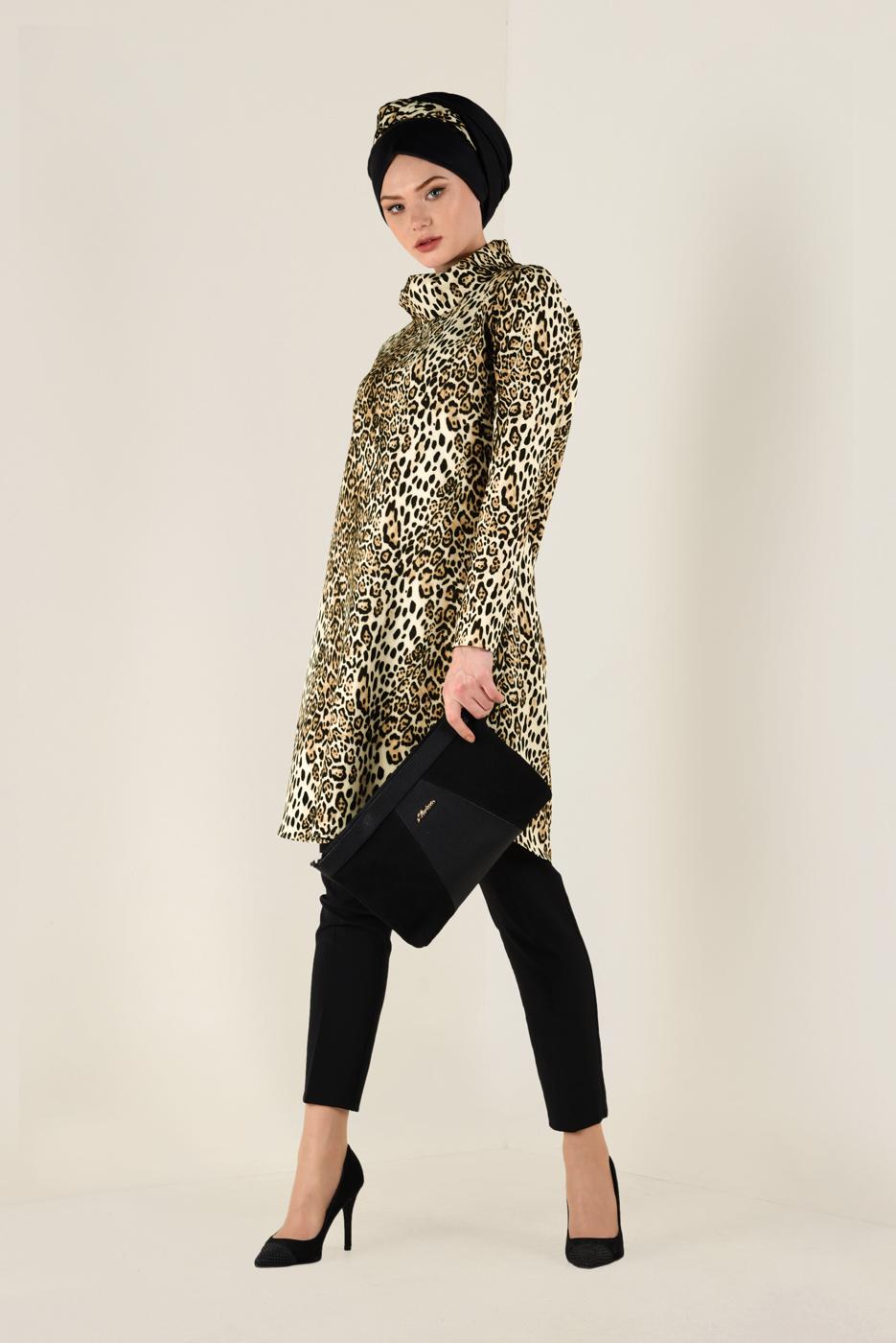 Tesettür giyim KAHVE LEOPAR DESENLİ TUNİK 4808 