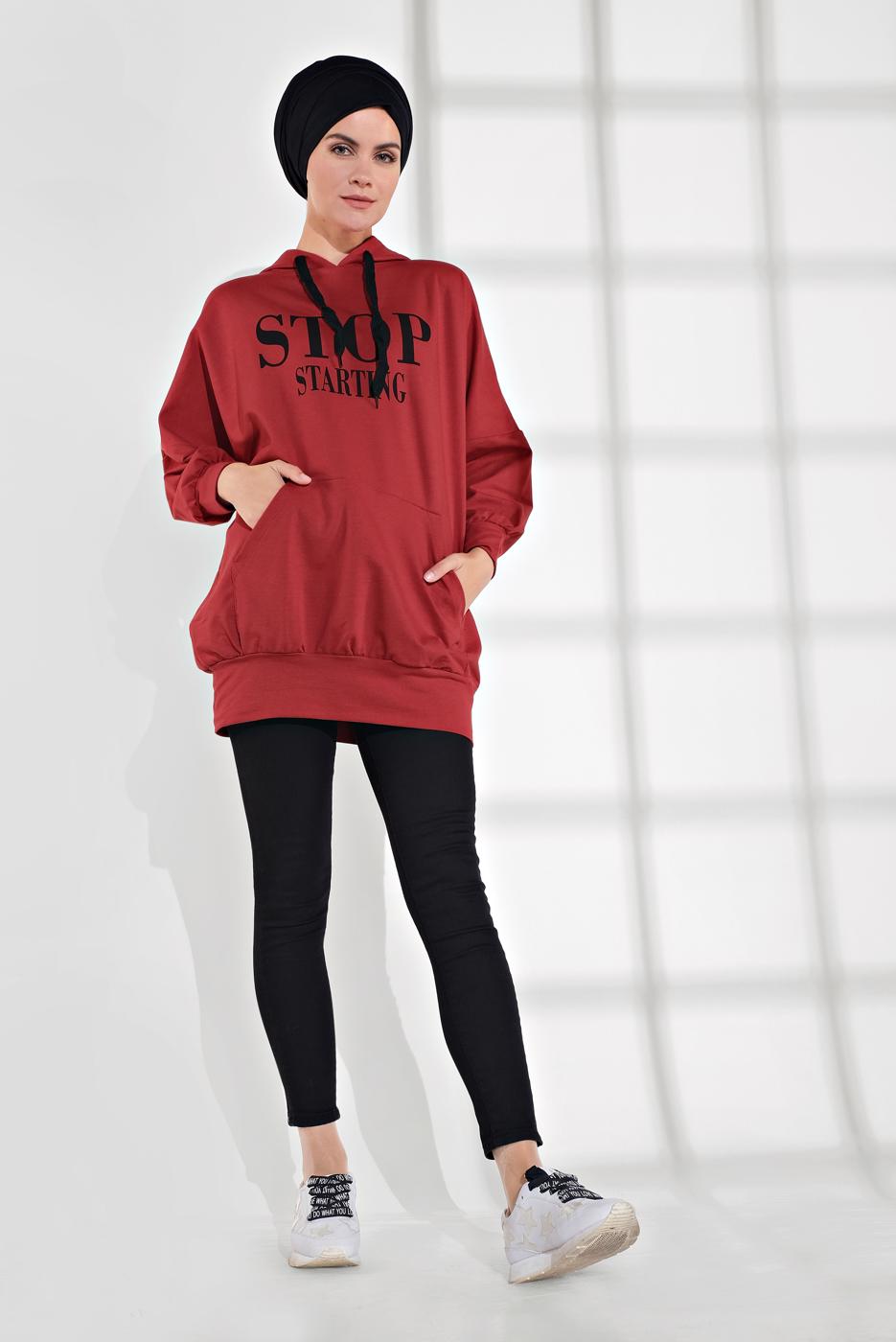 Tesettür giyim KIRMIZI YAZI BASKILI CEPLİ EŞOFMAN TUNİK 6102