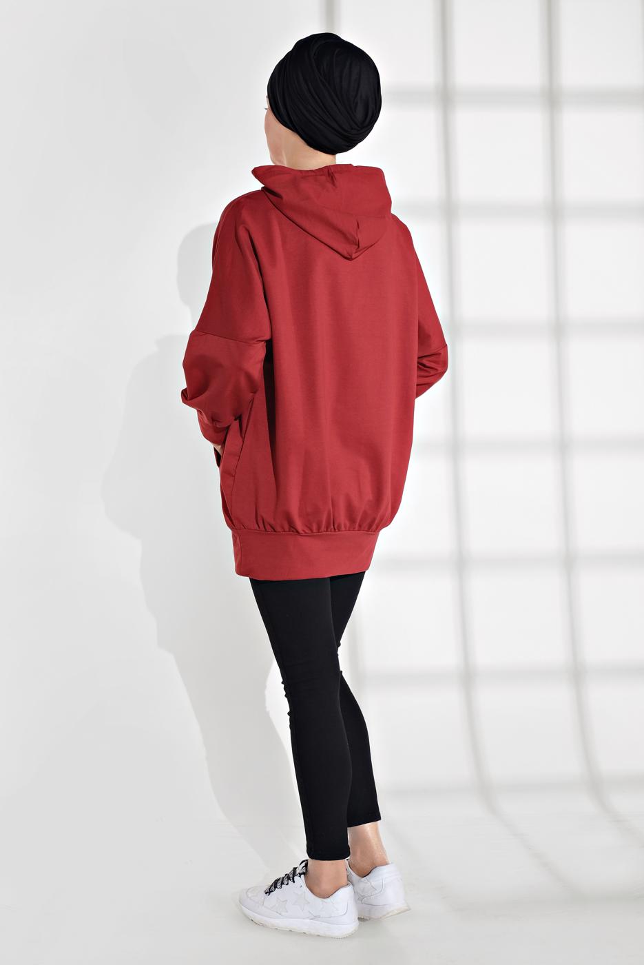 Tesettür giyim KIRMIZI YAZI BASKILI CEPLİ EŞOFMAN TUNİK 6102