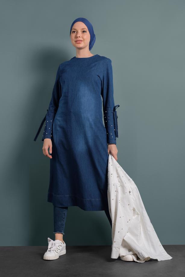 Vêtements hijab  PEARLED COTTON DENIM TUNIC 8411  - TRENDTESETTÜR