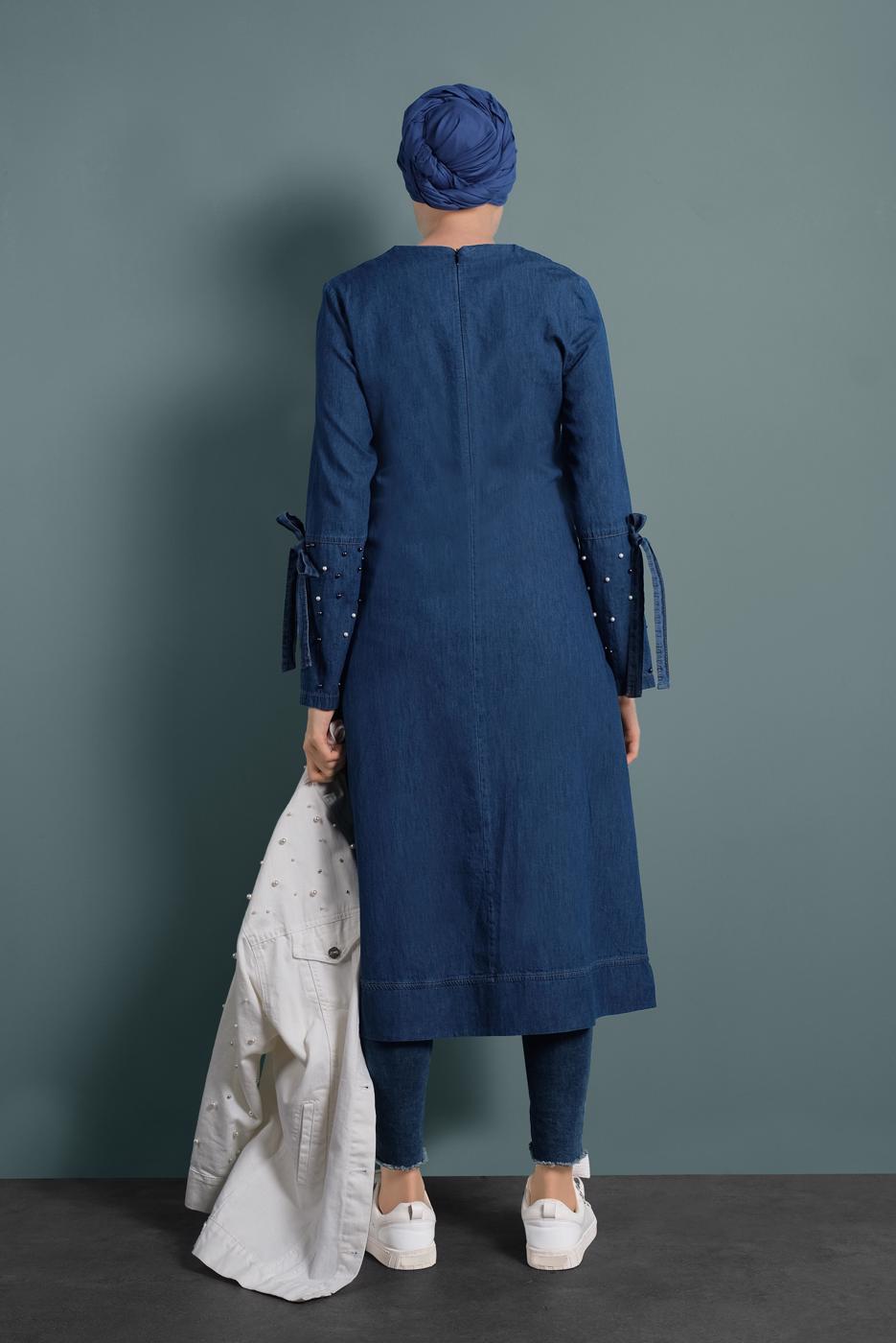 Vêtements hijab BLEU MARINE TUNIQUE EN JEAN À PERLES 8411 