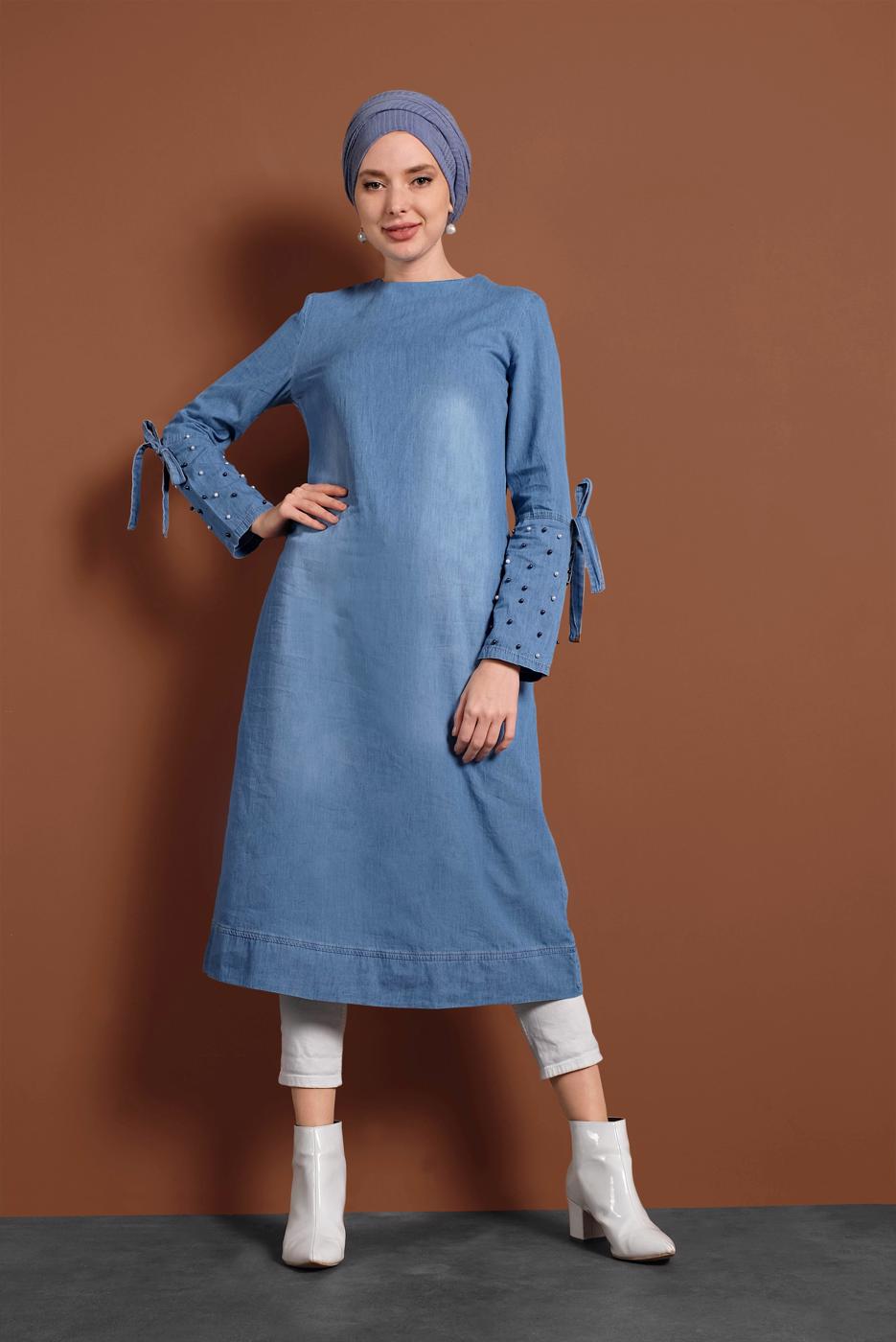 Vêtements hijab BLEU TUNIQUE EN JEAN À PERLES 8411 