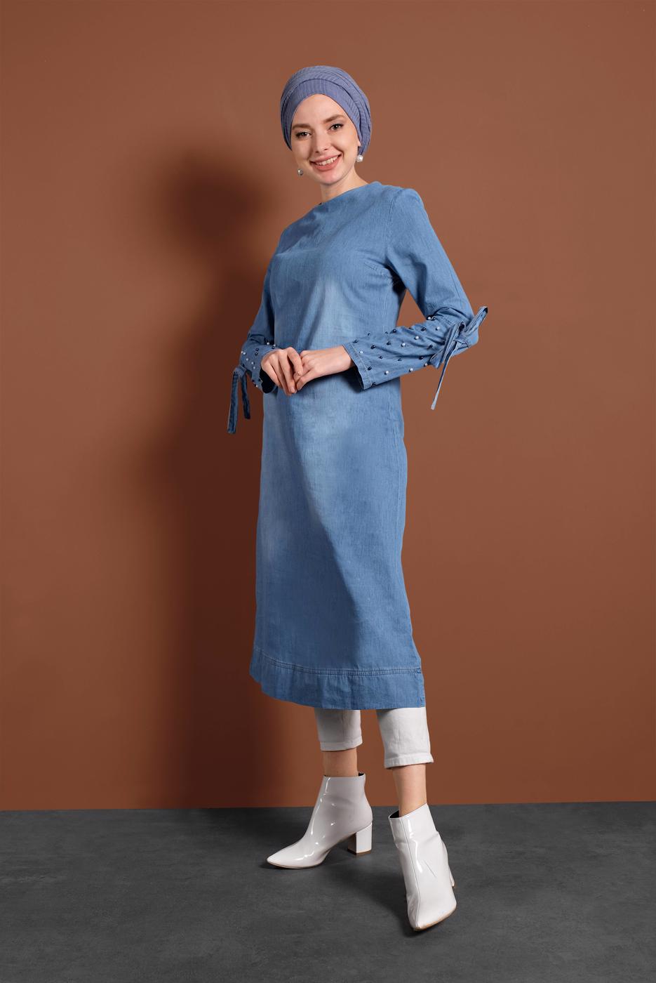 Vêtements hijab BLEU TUNIQUE EN JEAN À PERLES 8411 