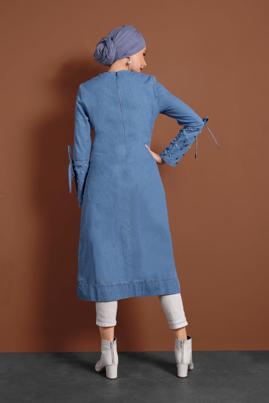 Vêtements hijab BLEU TUNIQUE EN JEAN À PERLES 8411 