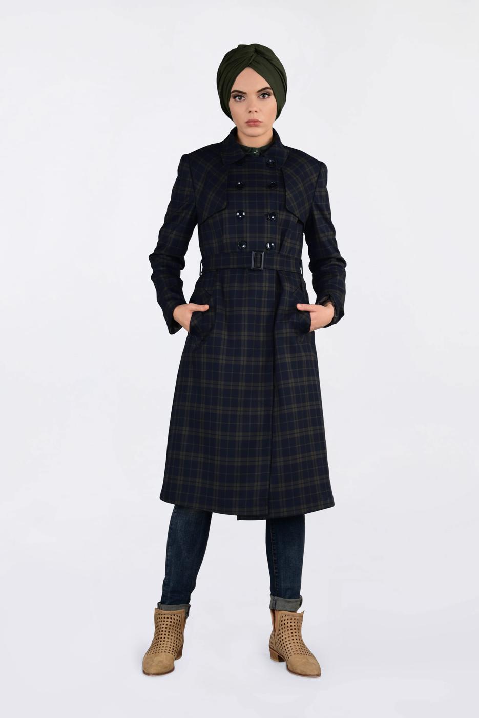 Tesettür giyim LACİVERT EKOSELİ KRUVAZE TRENÇKOT 1326-1