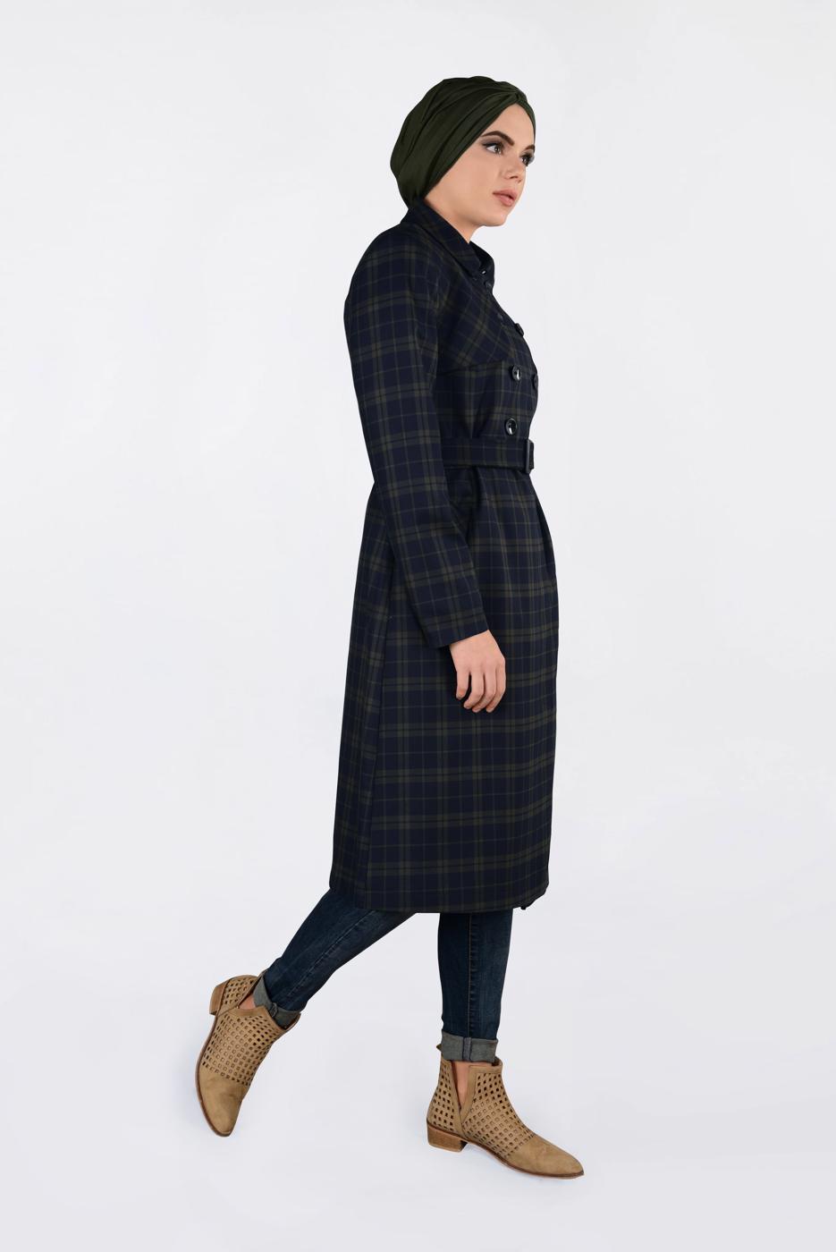 Tesettür giyim LACİVERT EKOSELİ KRUVAZE TRENÇKOT 1326-1