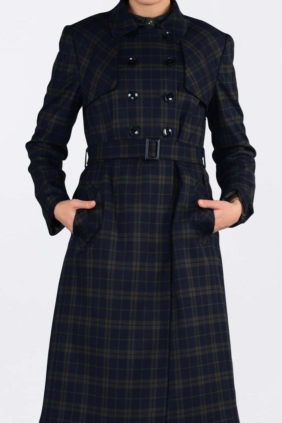 Tesettür giyim LACİVERT EKOSELİ KRUVAZE TRENÇKOT 1326-1