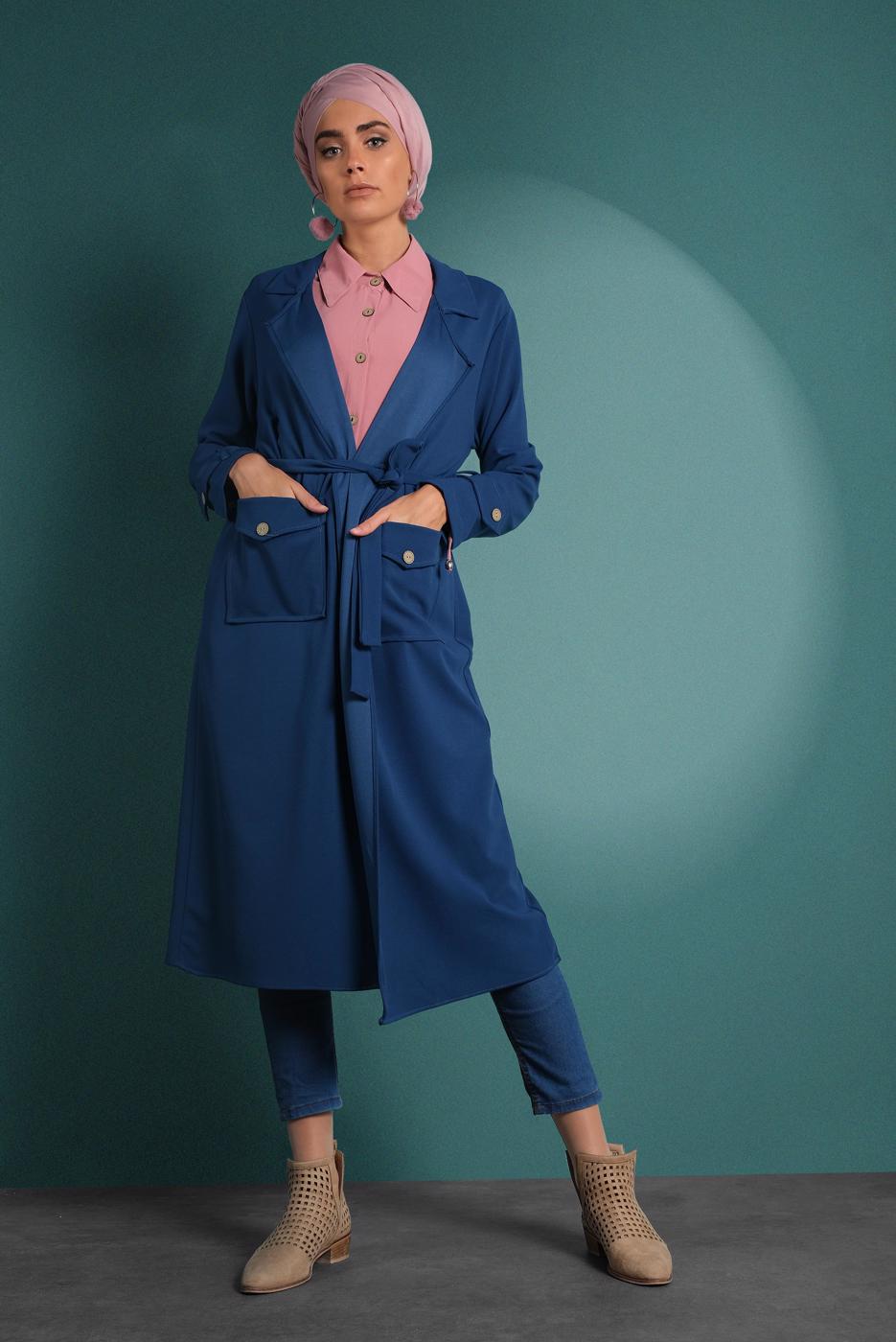 Hijab clothing NAVY BLUE BELTED TRENCH-COAT 4004 