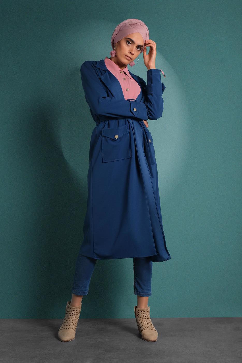 Hijab clothing NAVY BLUE BELTED TRENCH-COAT 4004 
