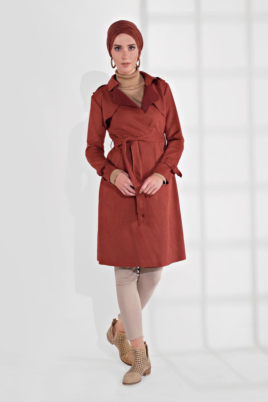 Tesettür giyim KAHVE  BELDEN KUŞAKLI SÜET TRENÇKOT 17301