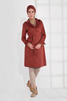 Tesettür giyim KAHVE  BELDEN KUŞAKLI SÜET TRENÇKOT 17301