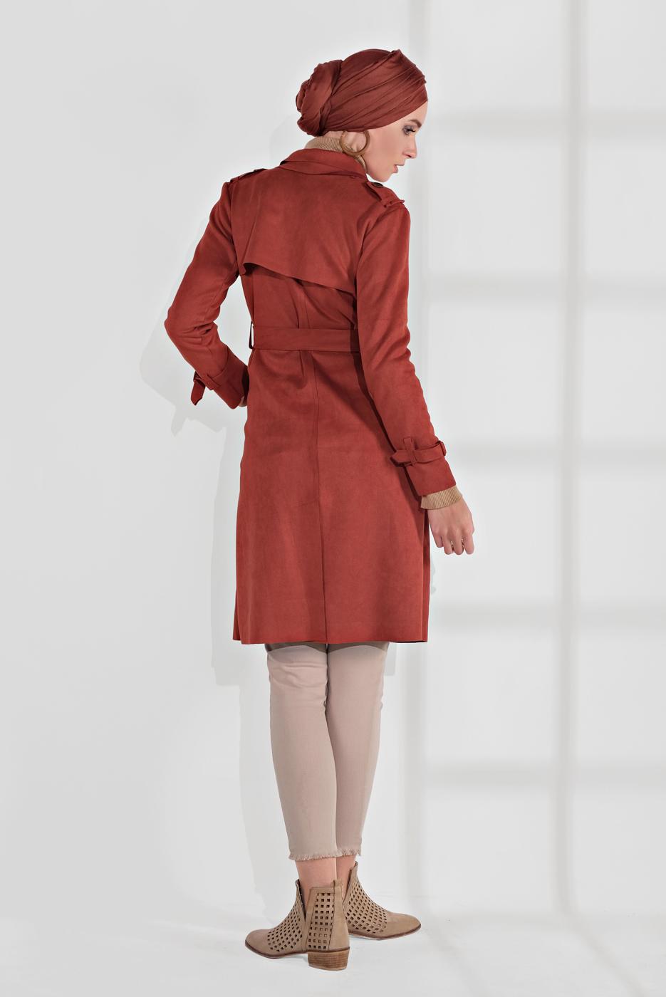 Tesettür giyim KAHVE  BELDEN KUŞAKLI SÜET TRENÇKOT 17301