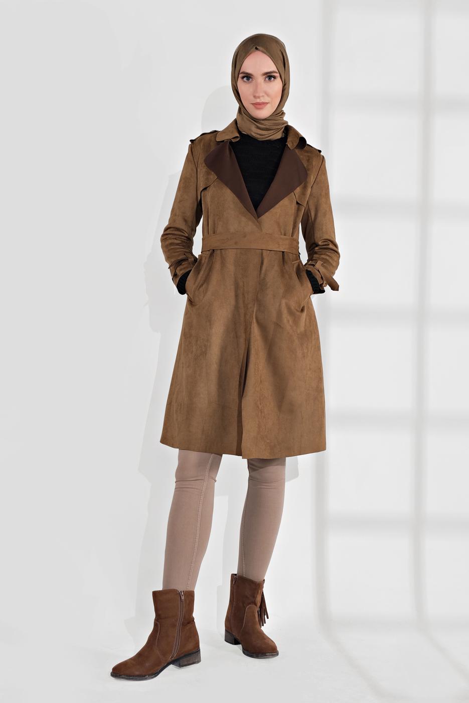 Tesettür giyim TABA  BELDEN KUŞAKLI SÜET TRENÇKOT 17301