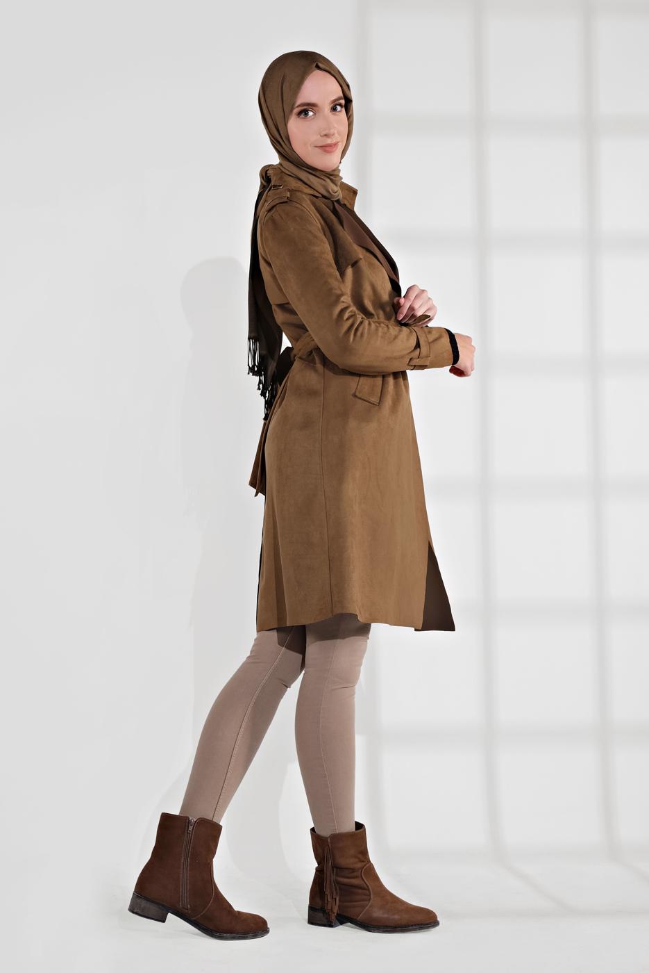 Tesettür giyim TABA  BELDEN KUŞAKLI SÜET TRENÇKOT 17301