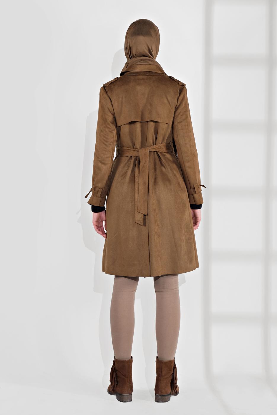 Tesettür giyim TABA  BELDEN KUŞAKLI SÜET TRENÇKOT 17301