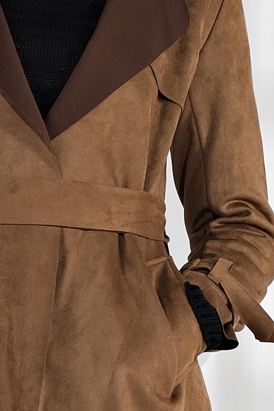 Tesettür giyim TABA  BELDEN KUŞAKLI SÜET TRENÇKOT 17301