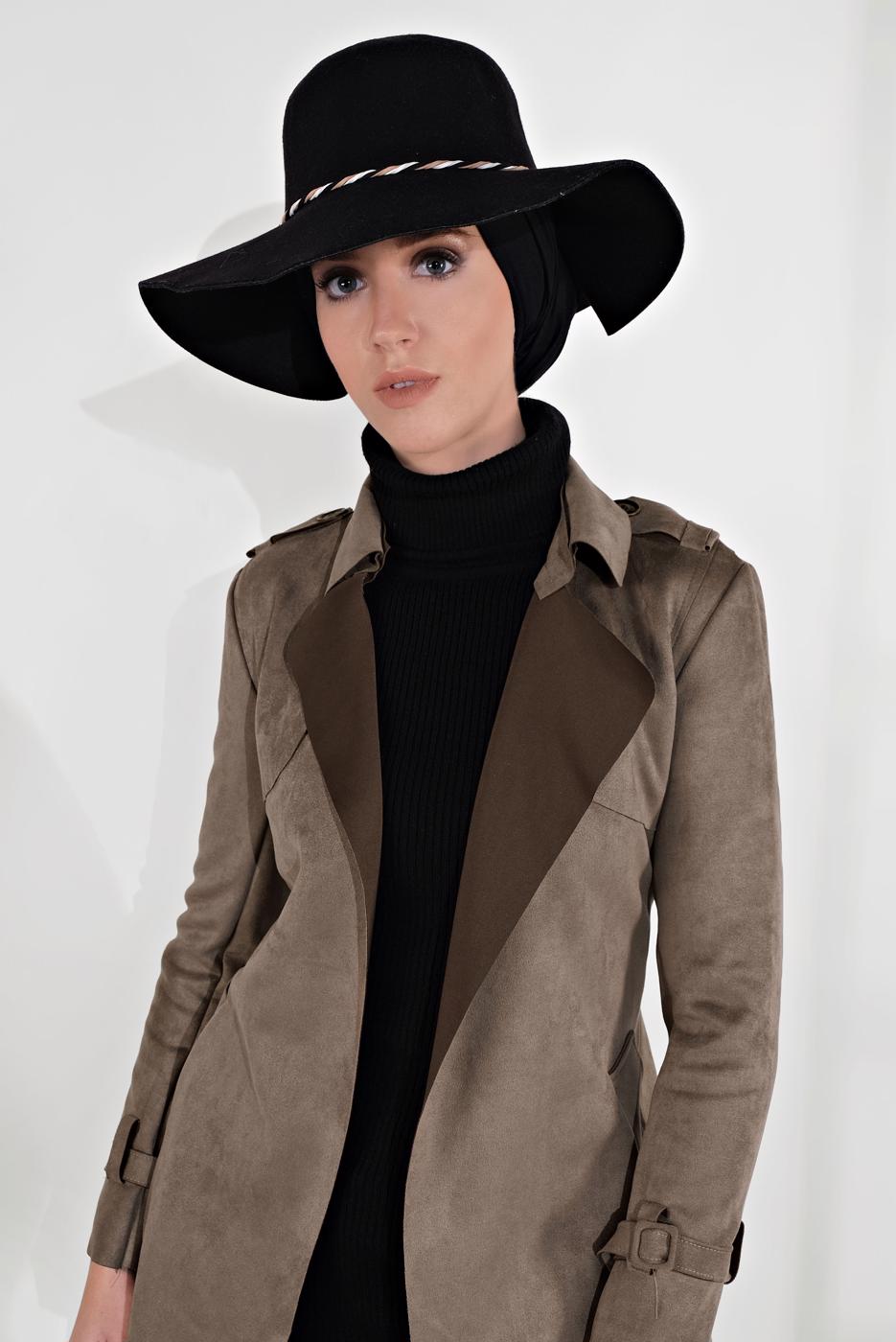 Tesettür giyim VİZON  BELDEN KUŞAKLI SÜET TRENÇKOT 17301