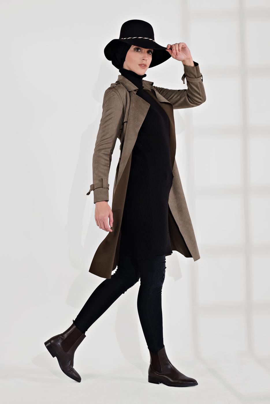 Tesettür giyim VİZON  BELDEN KUŞAKLI SÜET TRENÇKOT 17301