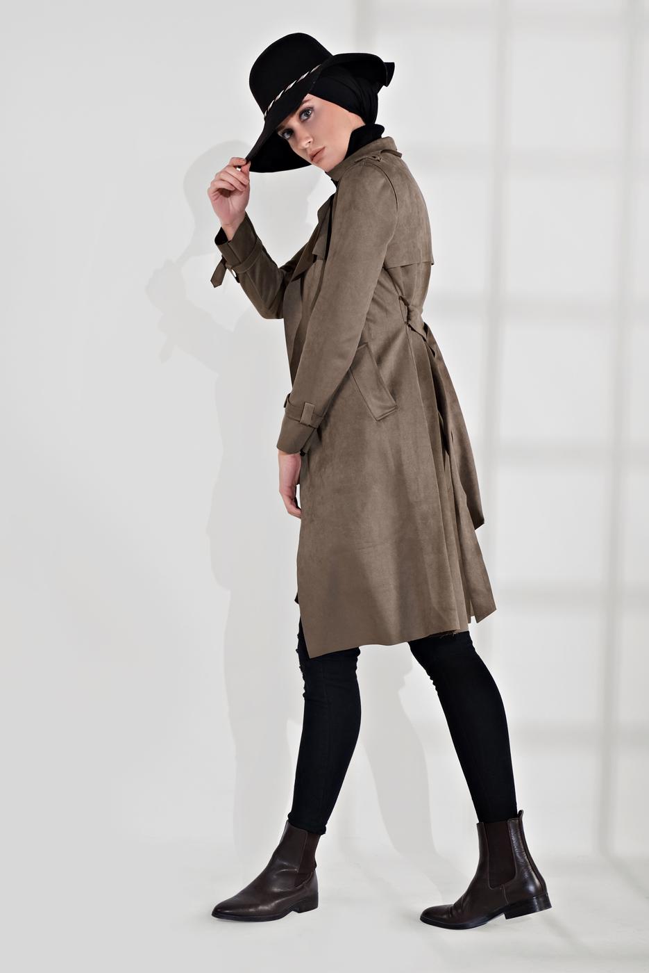 Tesettür giyim VİZON  BELDEN KUŞAKLI SÜET TRENÇKOT 17301