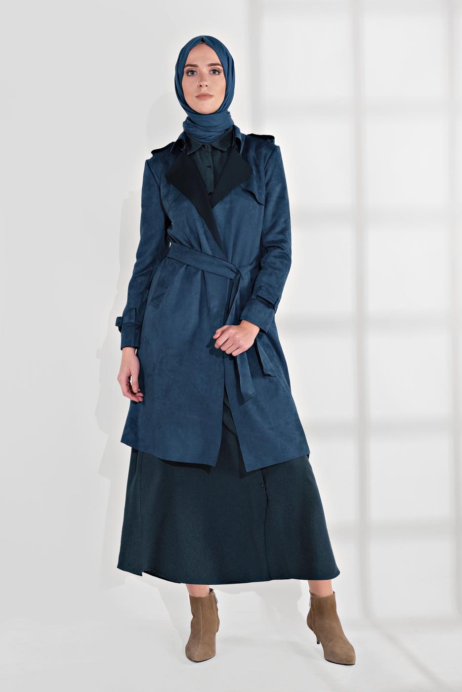 Tesettür giyim LACİVERT  BELDEN KUŞAKLI SÜET TRENÇKOT 17301