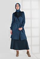 Tesettür giyim LACİVERT  BELDEN KUŞAKLI SÜET TRENÇKOT 17301