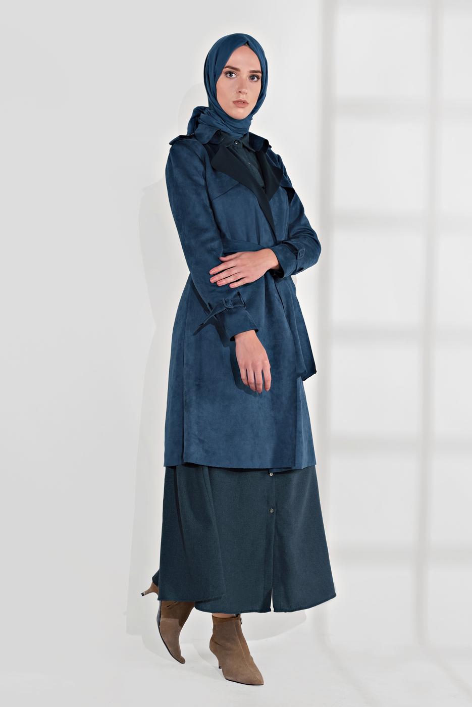 Tesettür giyim LACİVERT  BELDEN KUŞAKLI SÜET TRENÇKOT 17301