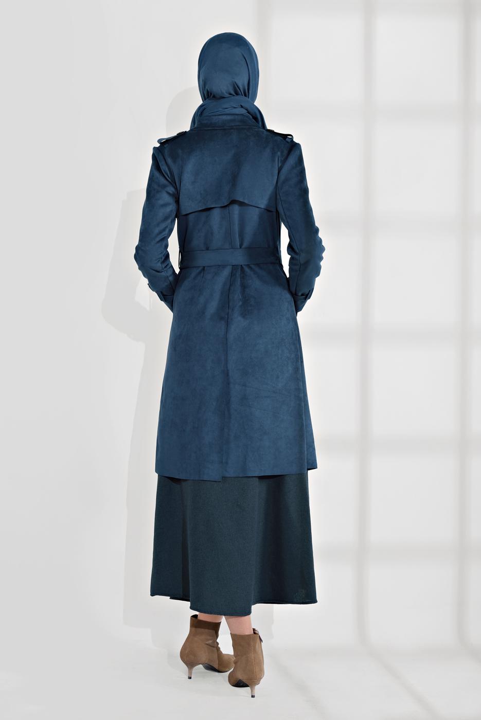 Tesettür giyim LACİVERT  BELDEN KUŞAKLI SÜET TRENÇKOT 17301
