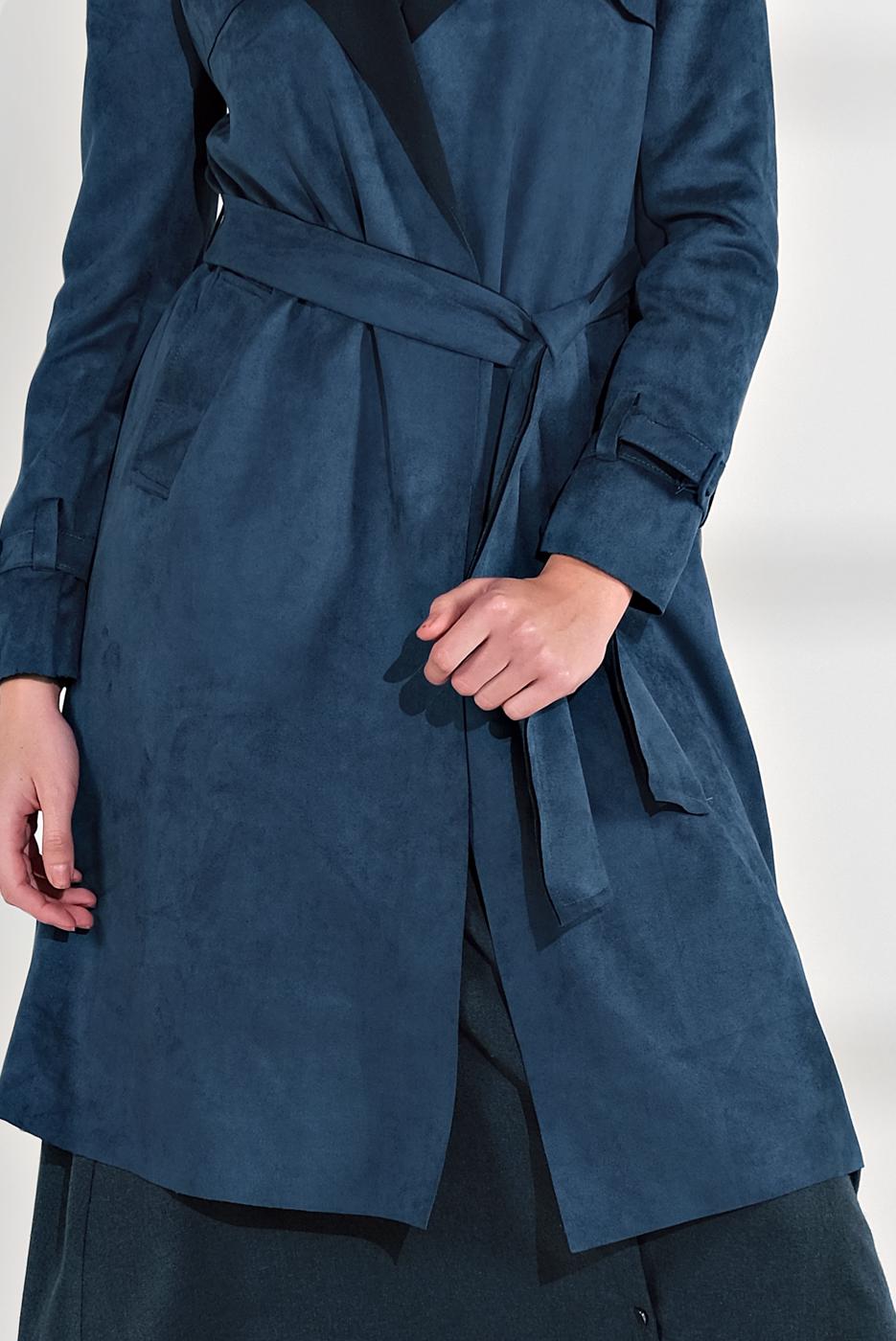 Tesettür giyim LACİVERT  BELDEN KUŞAKLI SÜET TRENÇKOT 17301