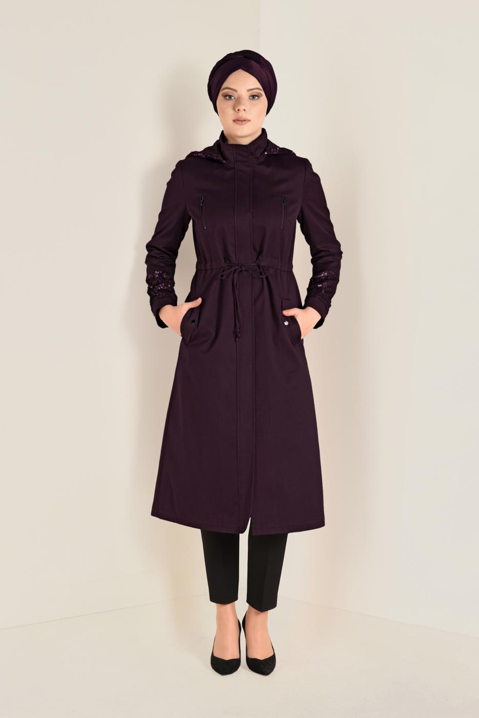 Tesettür giyim MÜRDÜM KOLLARI PULLU PAMUKLU TRENÇKOT 1305