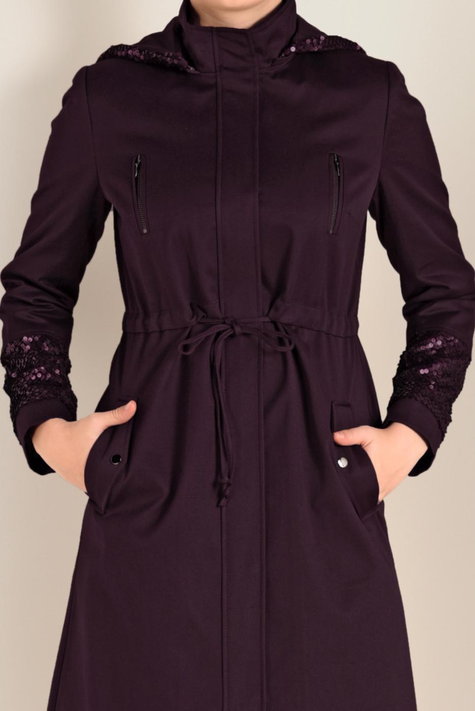 Tesettür giyim MÜRDÜM KOLLARI PULLU PAMUKLU TRENÇKOT 1305