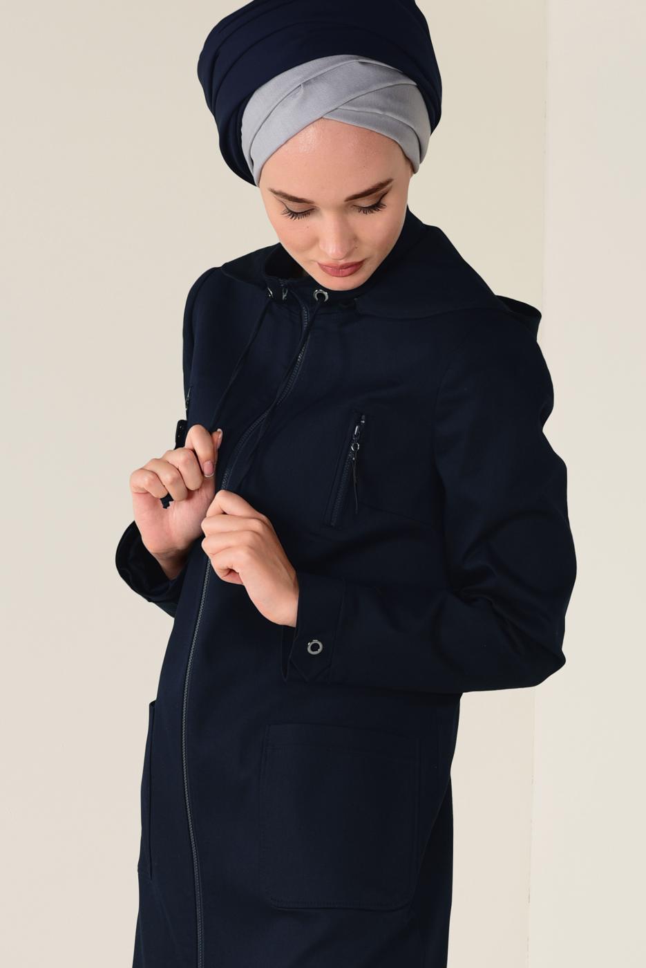 Tesettür giyim LACİVERT FERMUARLI KAPÜŞONLU TRENÇKOT 1308