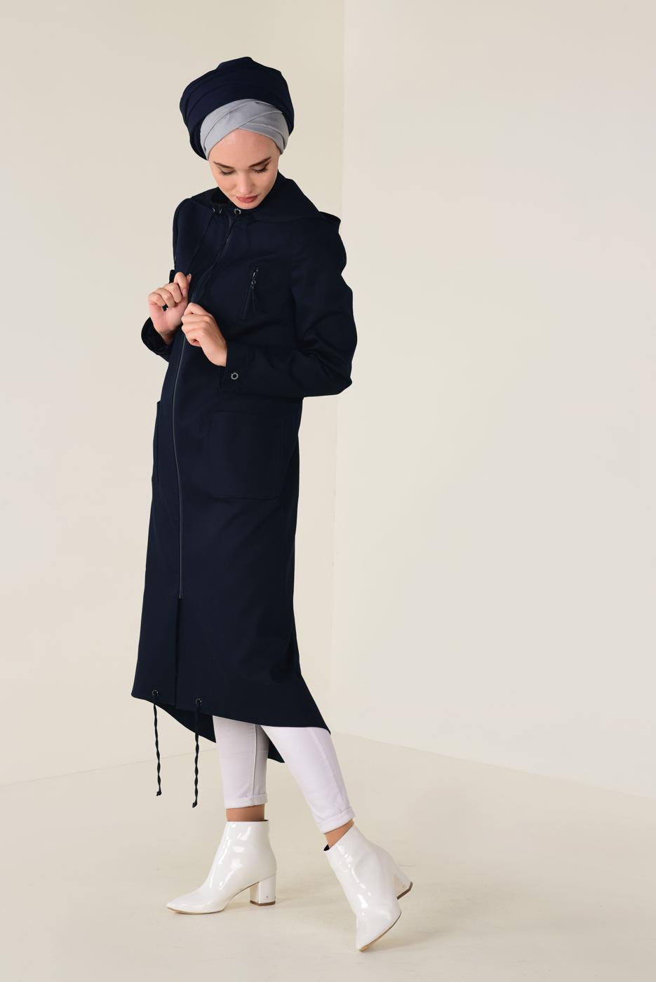 Tesettür giyim LACİVERT FERMUARLI KAPÜŞONLU TRENÇKOT 1308
