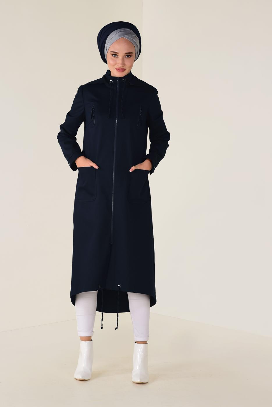Tesettür giyim LACİVERT FERMUARLI KAPÜŞONLU TRENÇKOT 1308