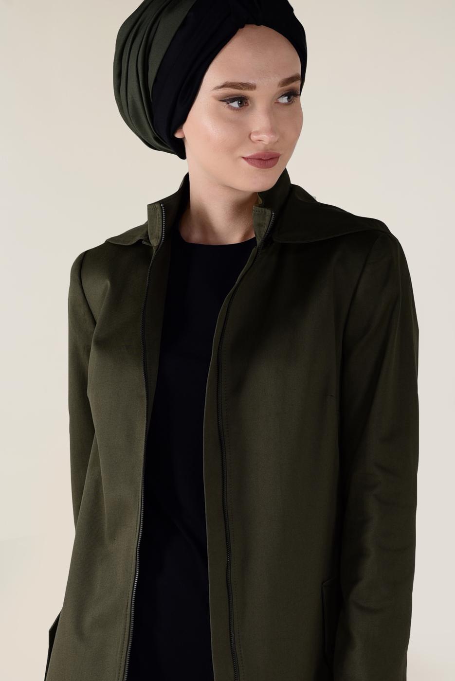 Hijab clothing KHAKI HOODED ZIPPED TRENCH-COAT 1310 