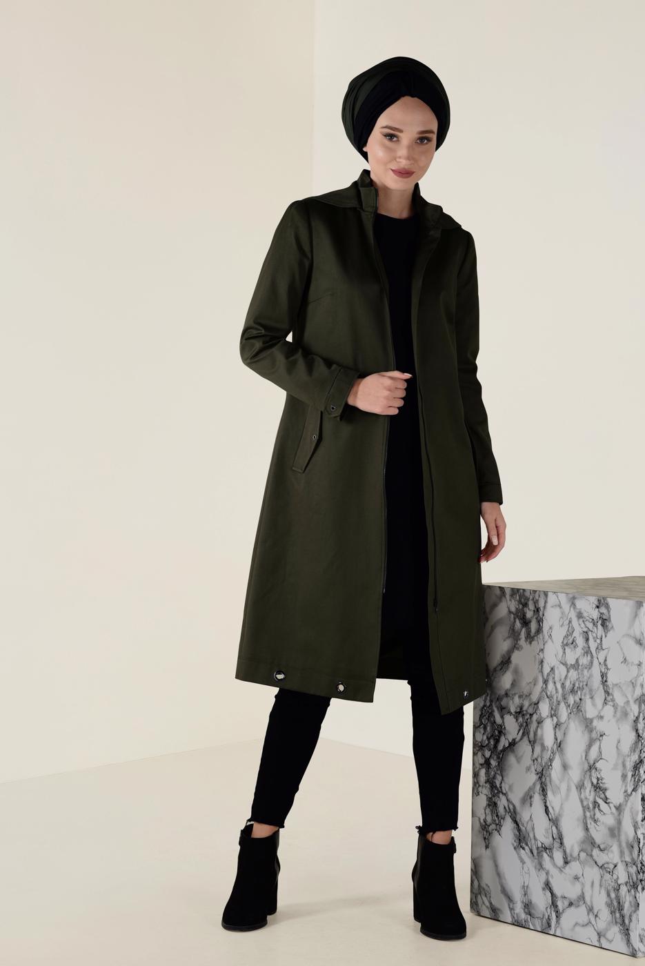 Hijab clothing KHAKI HOODED ZIPPED TRENCH-COAT 1310 
