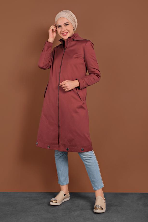 Tesettür giyim KAHVE KAPÜŞONLU FERMUARLI TRENÇKOT 1310 - TRENDTESETTÜR