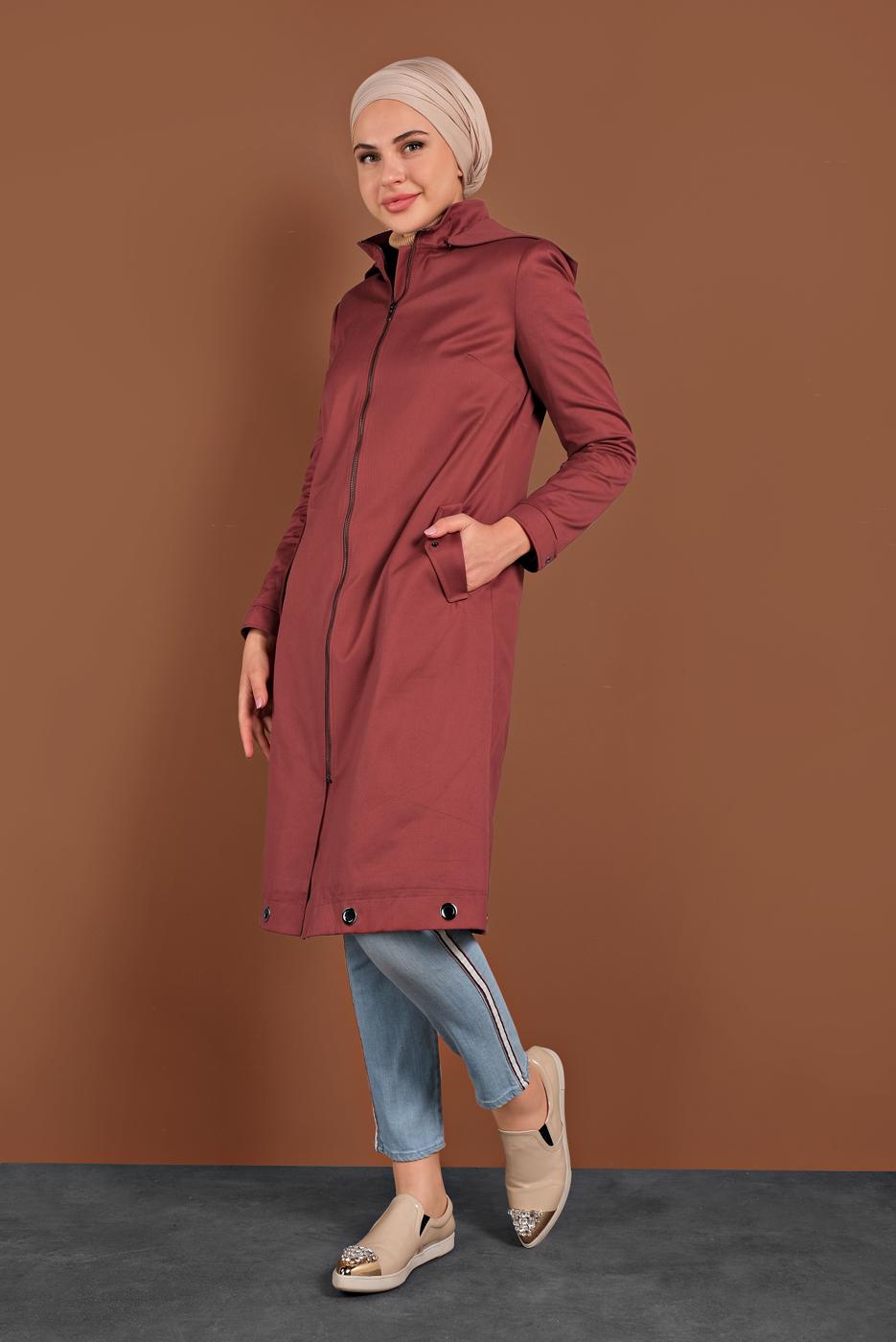 Tesettür giyim KAHVE KAPÜŞONLU FERMUARLI TRENÇKOT 1310